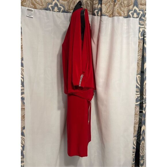 Beautiful NEW WITH TAGS 1990s Cache Red Satin Batwing Cutout Draped Dress XS - Picture 4 of 11